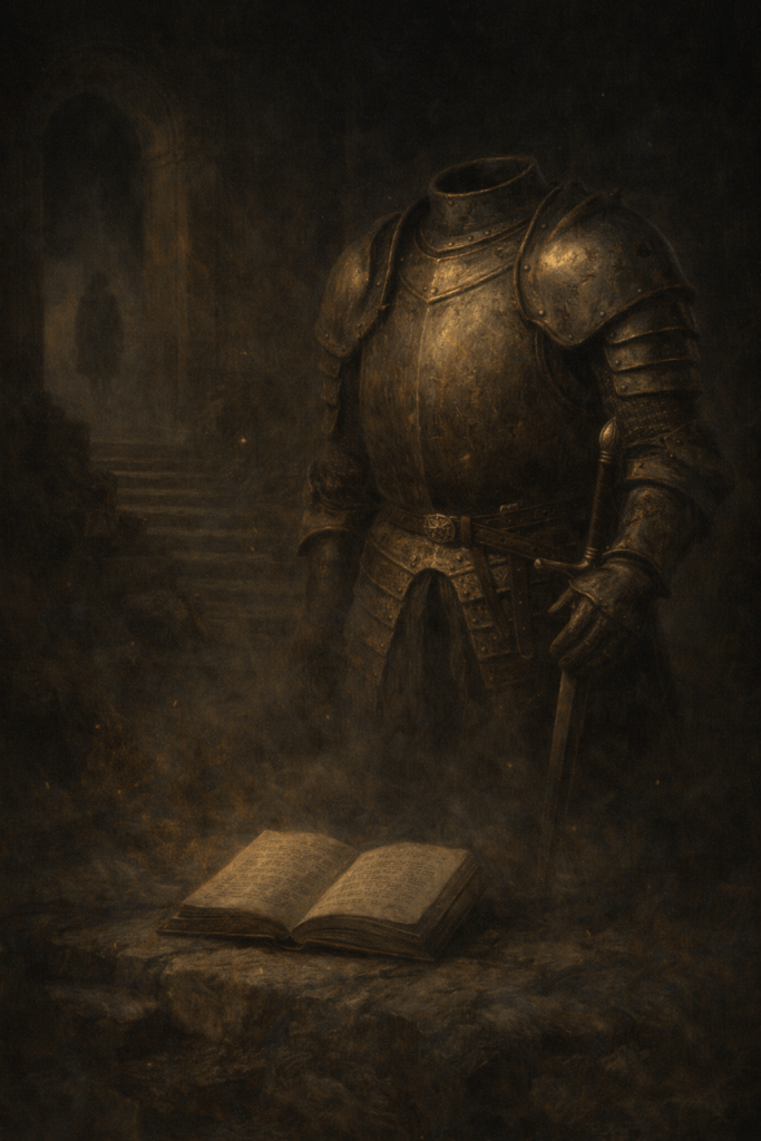 An empty suit of armour and an open book representing the poem After the Record by Kate Coldrick