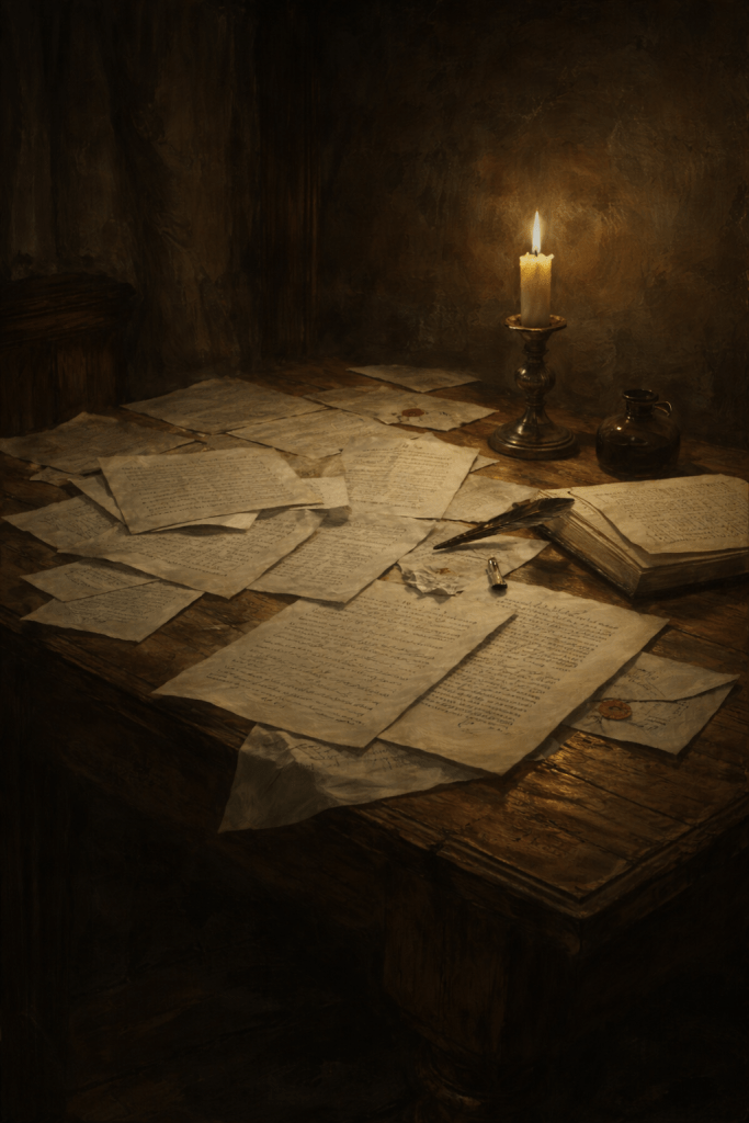 A tabletop strewn with abandoned letters lit by the light from a single candle representing the poem After the Performance by Kate Coldrick